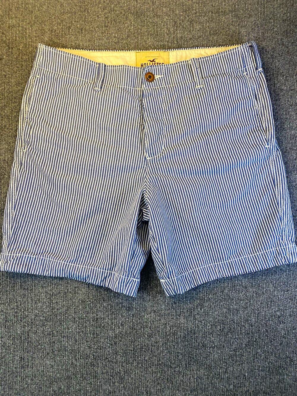 Vtg Hollister Blue/White Striped Seersucker Chino Shorts Men's Flat Front Button